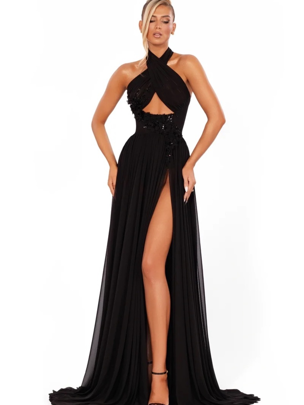 Black Halter Cutout Prom Gown with High Thigh Slit